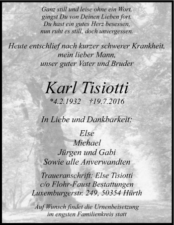 Anzeige von Karl Tisiotti von Kölner Stadt-Anzeiger / Kölnische Rundschau / Express