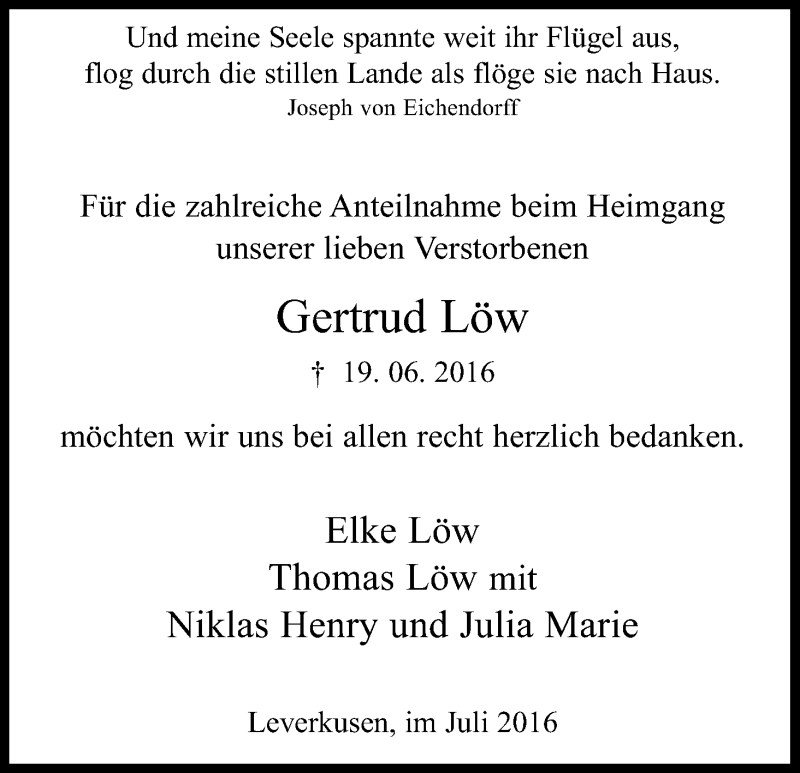  Traueranzeige für Gertrud Löw vom 16.07.2016 aus Kölner Stadt-Anzeiger / Kölnische Rundschau / Express