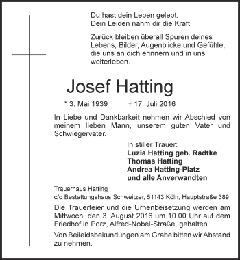 Anzeige von Josef Hatting von  Kölner Wochenspiegel 