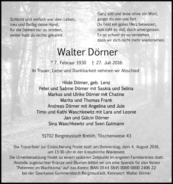 Anzeige von Walter Dörner von Kölner Stadt-Anzeiger / Kölnische Rundschau / Express
