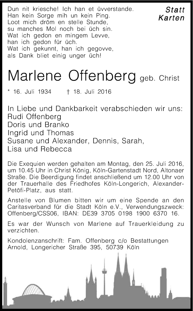  Traueranzeige für Marlene Offenberg vom 23.07.2016 aus Kölner Stadt-Anzeiger / Kölnische Rundschau / Express