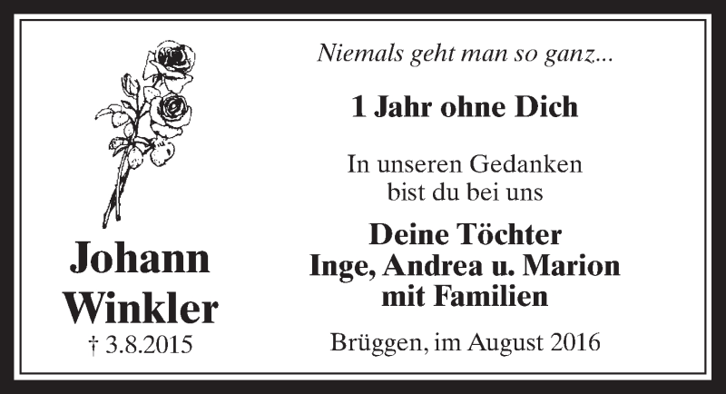  Traueranzeige für Johann Winkler vom 03.08.2016 aus  Werbepost 