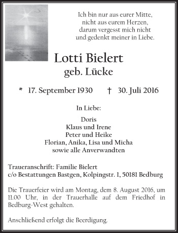 Anzeige von Lotti Bielert von  Sonntags-Post 