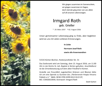 Anzeige von Irmgard Roth von Kölner Stadt-Anzeiger / Kölnische Rundschau / Express