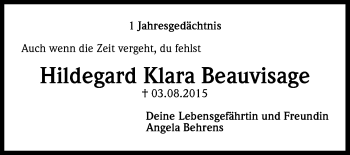 Anzeige von Hildegard Klara Beauvisage von Kölner Stadt-Anzeiger / Kölnische Rundschau / Express