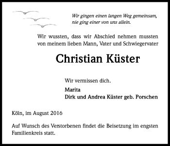 Anzeige von Christian Küster von Kölner Stadt-Anzeiger / Kölnische Rundschau / Express