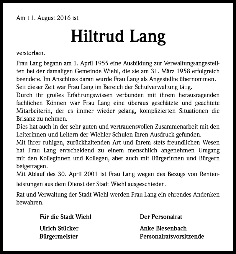  Traueranzeige für Hiltrud Lang vom 18.08.2016 aus Kölner Stadt-Anzeiger / Kölnische Rundschau / Express