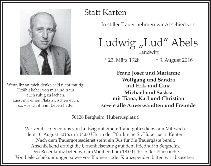  Traueranzeige für Ludwig  Abels vom 06.08.2016 aus  Sonntags-Post 