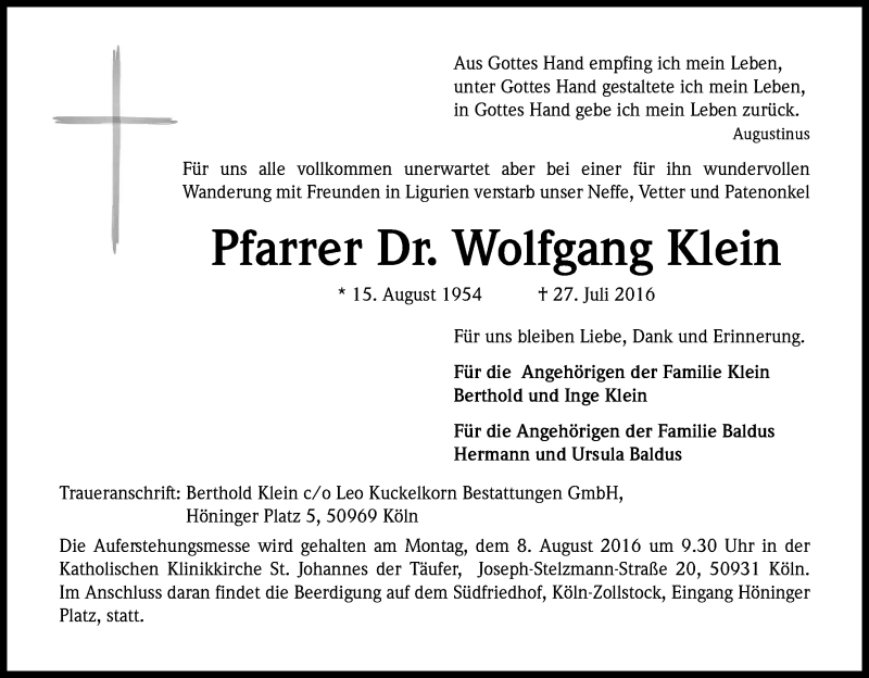  Traueranzeige für Wolfgang Klein vom 06.08.2016 aus Kölner Stadt-Anzeiger / Kölnische Rundschau / Express