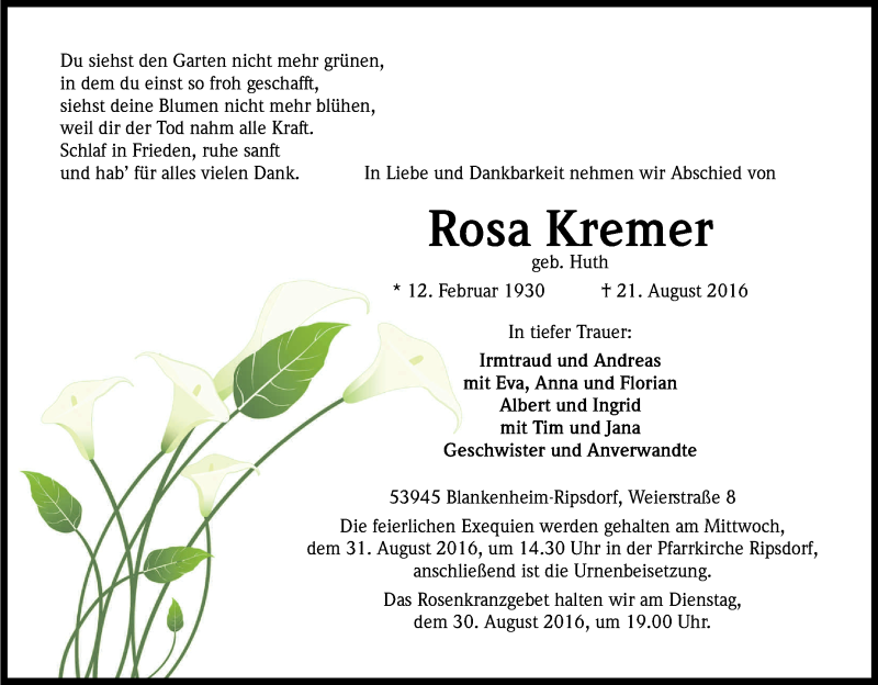  Traueranzeige für Rosa Kremer vom 27.08.2016 aus Kölner Stadt-Anzeiger / Kölnische Rundschau / Express
