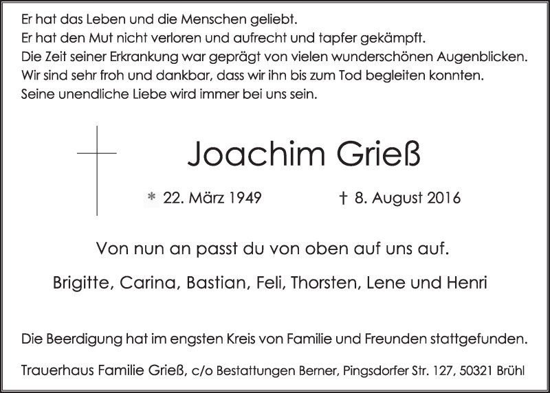  Traueranzeige für Joachim Grieß vom 17.08.2016 aus  Schlossbote/Werbekurier 