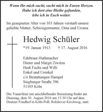 Anzeige von Hedwig Schüler von  Sonntags-Post 