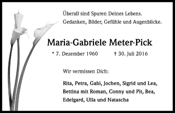 Anzeige von Maria-Gabriele Meter-Pick von Kölner Stadt-Anzeiger / Kölnische Rundschau / Express