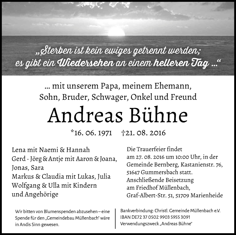 Traueranzeige für Andreas Bühne vom 24.08.2016 aus Kölner Stadt-Anzeiger / Kölnische Rundschau / Express