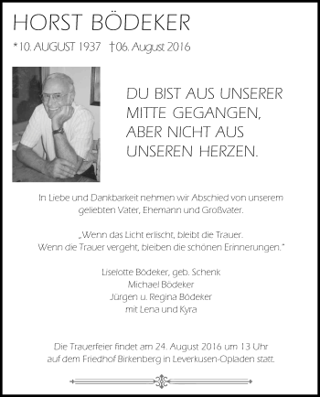 Anzeige von Horst Bödeker von Kölner Stadt-Anzeiger / Kölnische Rundschau / Express
