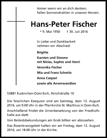 Anzeige von Hans-Peter Fischer von Kölner Stadt-Anzeiger / Kölnische Rundschau / Express