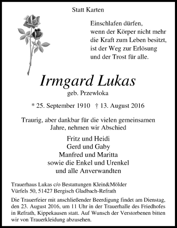 Anzeige von Irmgard Lukas von Kölner Stadt-Anzeiger / Kölnische Rundschau / Express