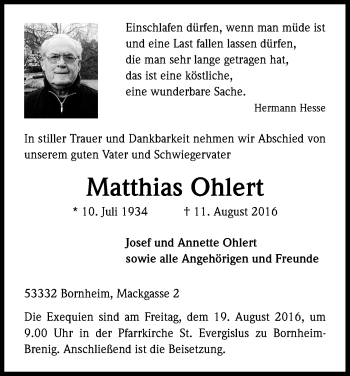 Anzeige von Matthias Ohlert von Kölner Stadt-Anzeiger / Kölnische Rundschau / Express