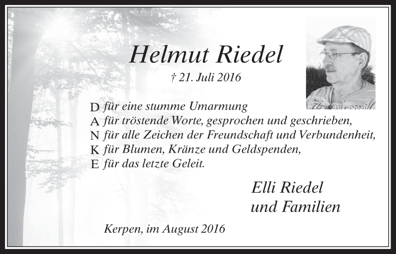  Traueranzeige für Helmut Riedel vom 24.08.2016 aus  Werbepost 