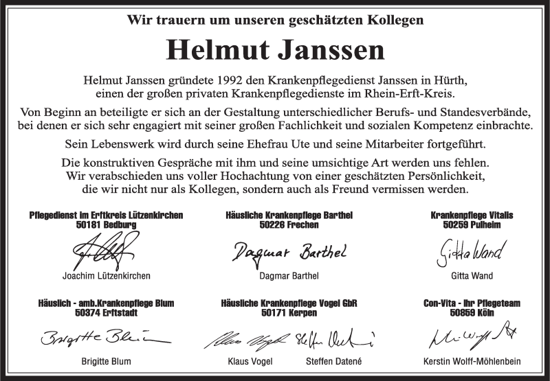  Traueranzeige für Helmut Janssen vom 10.08.2016 aus  Wochenende  Schlossbote/Werbekurier  Werbepost 