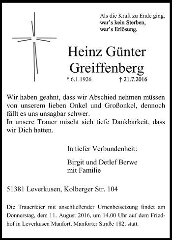 Anzeige von Heinz Günter Greiffenberg von Kölner Stadt-Anzeiger / Kölnische Rundschau / Express