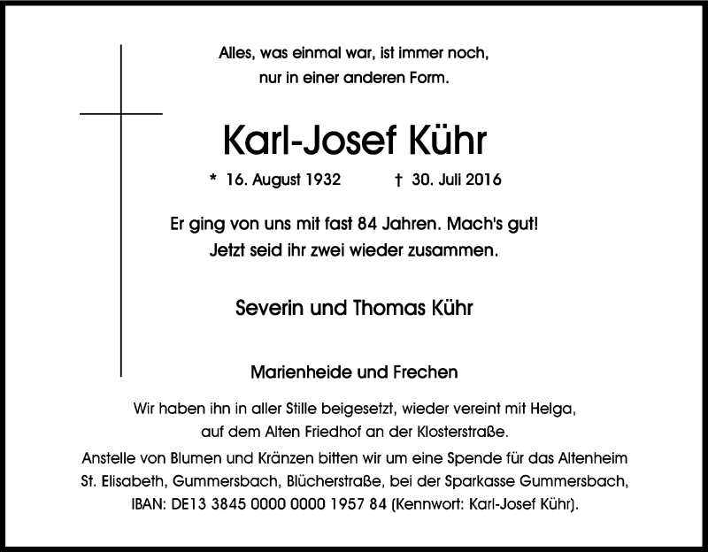  Traueranzeige für Karl-Josef Kühr vom 10.08.2016 aus Kölner Stadt-Anzeiger / Kölnische Rundschau / Express