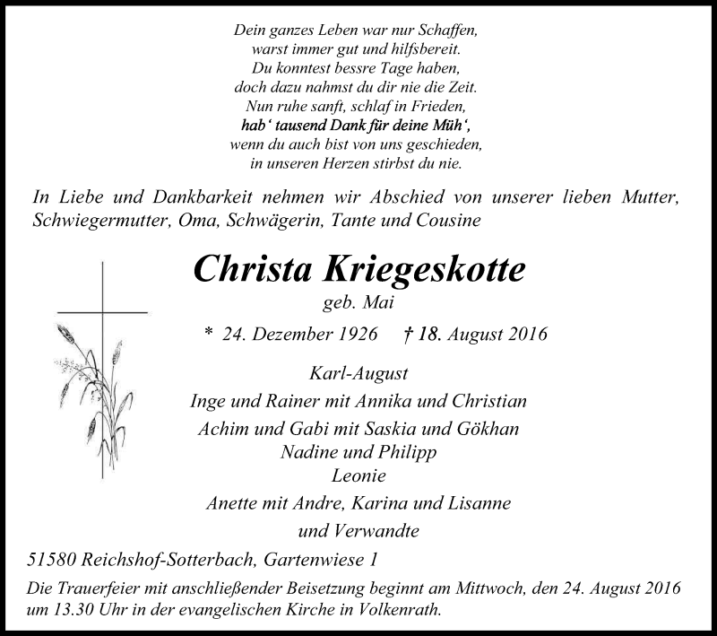  Traueranzeige für Christa Kriegeskotte vom 22.08.2016 aus Kölner Stadt-Anzeiger / Kölnische Rundschau / Express