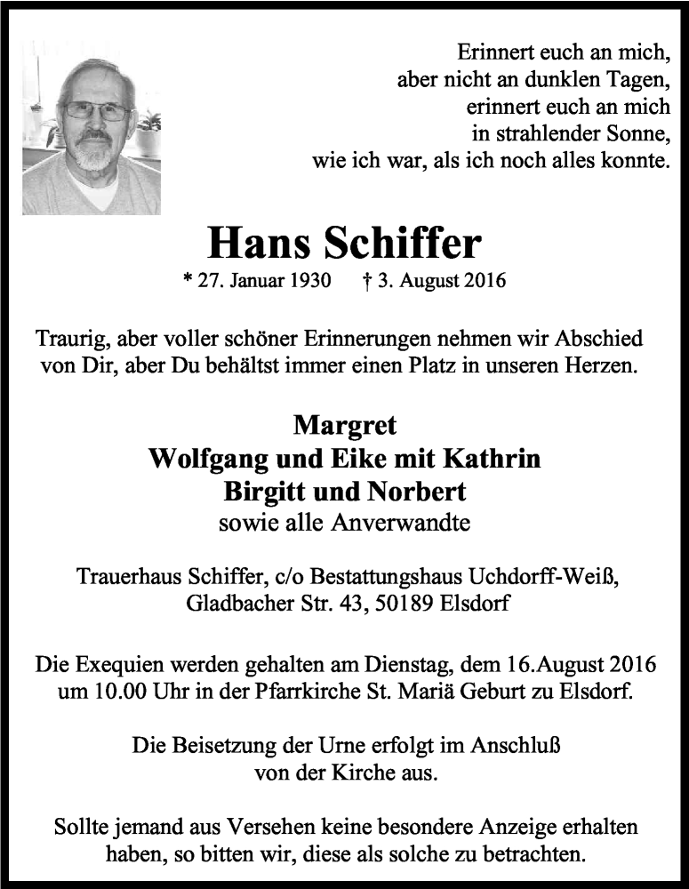  Traueranzeige für Hans Schiffer vom 13.08.2016 aus Kölner Stadt-Anzeiger / Kölnische Rundschau / Express
