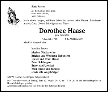 Anzeige von Dorothee Haase von Kölner Stadt-Anzeiger / Kölnische Rundschau / Express