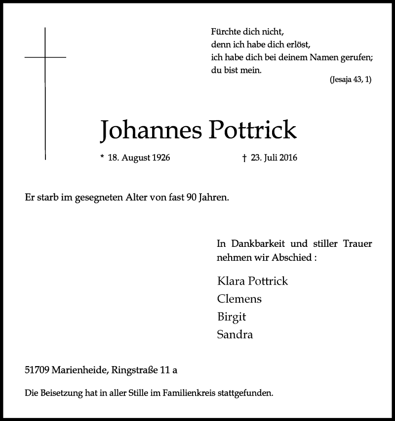  Traueranzeige für Johannes Pottrick vom 02.08.2016 aus Kölner Stadt-Anzeiger / Kölnische Rundschau / Express