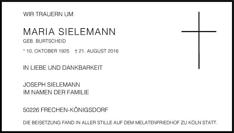  Traueranzeige für Maria Sielemann vom 27.08.2016 aus Kölner Stadt-Anzeiger / Kölnische Rundschau / Express