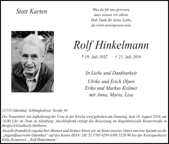 Anzeige von Rolf Hinkelmann von Kölner Stadt-Anzeiger / Kölnische Rundschau / Express