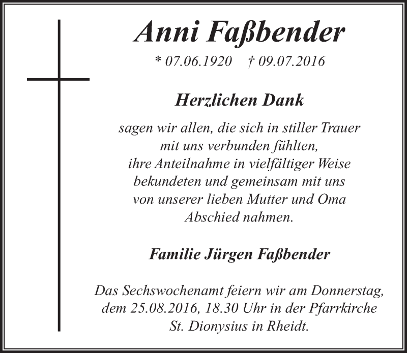  Traueranzeige für Anni Faßbender vom 10.08.2016 aus  Extra Blatt 