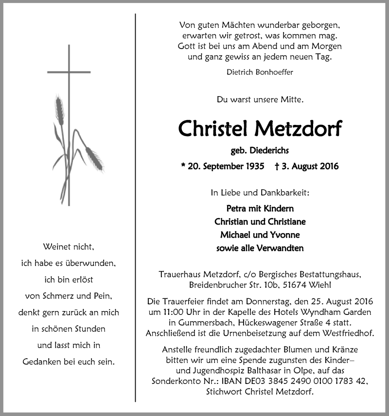  Traueranzeige für Christel Metzdorf vom 17.08.2016 aus  Anzeigen Echo 