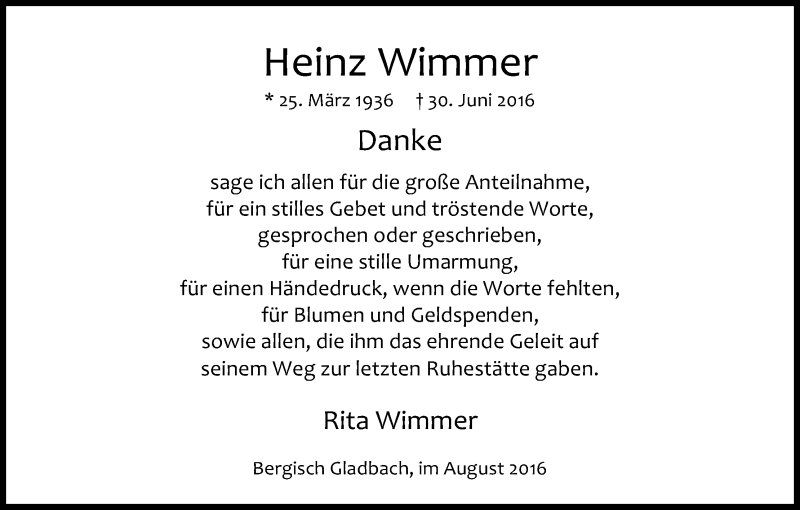  Traueranzeige für Heinz Wimmer vom 20.08.2016 aus Kölner Stadt-Anzeiger / Kölnische Rundschau / Express
