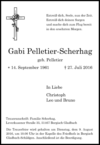 Anzeige von Gabi Pelletier-Scherhag von Kölner Stadt-Anzeiger / Kölnische Rundschau / Express
