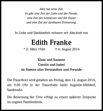 Anzeige von Edith Franke von Kölner Stadt-Anzeiger / Kölnische Rundschau / Express