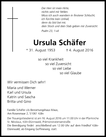 Anzeige von Ursula Schäfer von Kölner Stadt-Anzeiger / Kölnische Rundschau / Express