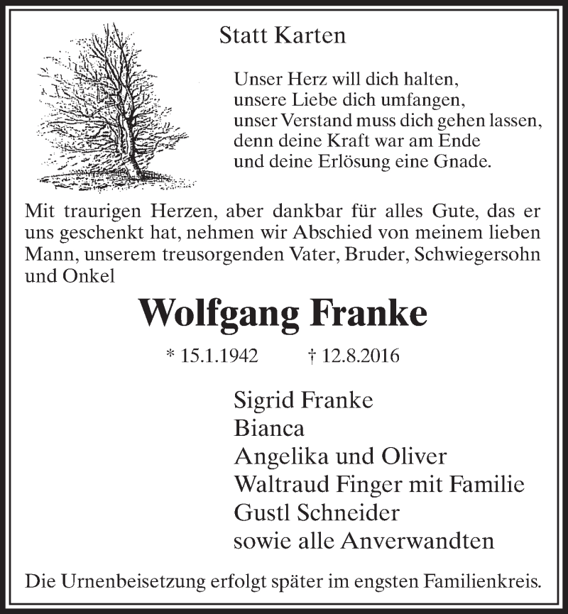  Traueranzeige für Wolfgang Franke vom 17.08.2016 aus  Schlossbote/Werbekurier 