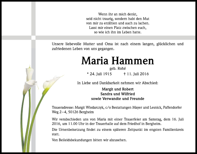  Traueranzeige für Maria Hammen vom 13.07.2016 aus Kölner Stadt-Anzeiger / Kölnische Rundschau / Express