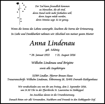 Anzeige von Anna Lindenau von Kölner Stadt-Anzeiger / Kölnische Rundschau / Express