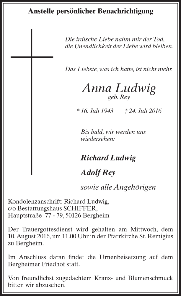  Traueranzeige für Anna Ludwig vom 06.08.2016 aus  Sonntags-Post 