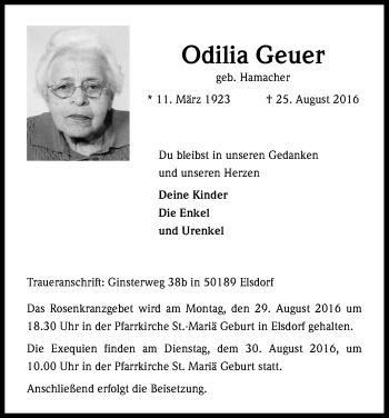 Anzeige von Odilie Geuer von Kölner Stadt-Anzeiger / Kölnische Rundschau / Express