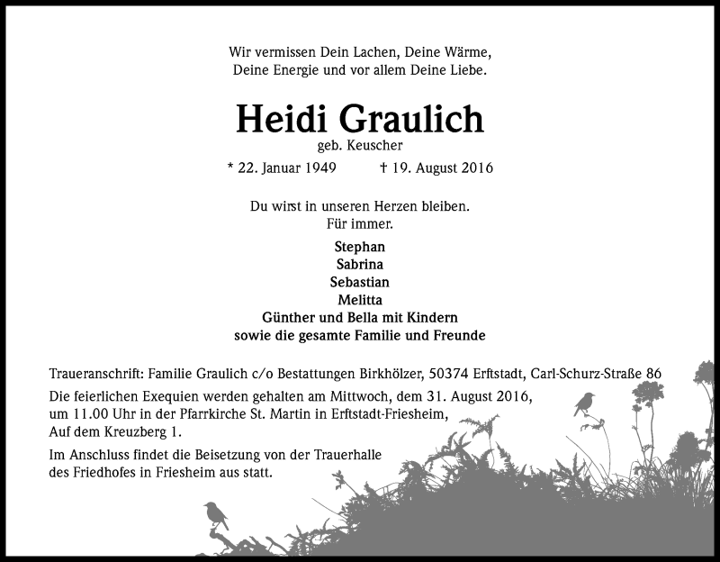  Traueranzeige für Heiderose  vom 27.08.2016 aus Kölner Stadt-Anzeiger / Kölnische Rundschau / Express