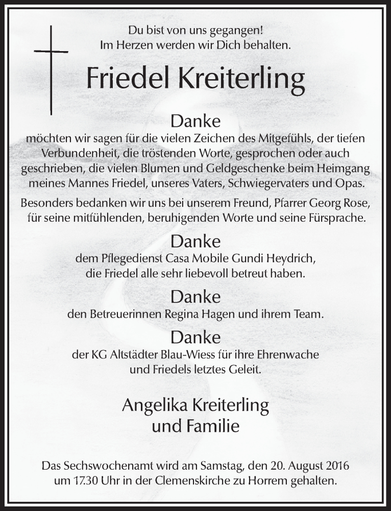  Traueranzeige für Friedel Kreiterling vom 17.08.2016 aus  Werbepost 