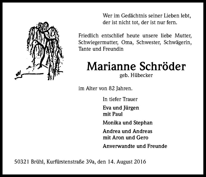  Traueranzeige für Marianne Schröder vom 19.08.2016 aus Kölner Stadt-Anzeiger / Kölnische Rundschau / Express