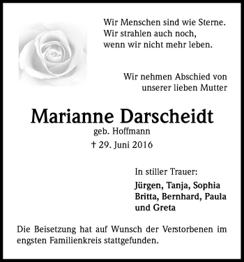 Anzeige von Marianne Darscheidt von Kölner Stadt-Anzeiger / Kölnische Rundschau / Express