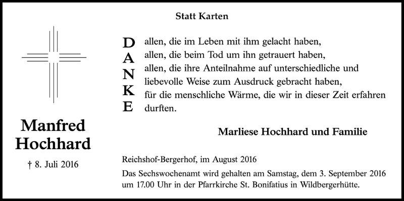  Traueranzeige für Manfred Hochhard vom 31.08.2016 aus  Anzeigen Echo 
