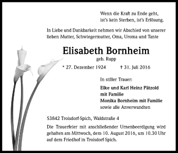 Anzeige von Elisabeth Bornheim von Kölner Stadt-Anzeiger / Kölnische Rundschau / Express
