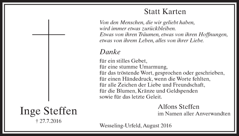  Traueranzeige für Inge Steffen vom 24.08.2016 aus  Schlossbote/Werbekurier 